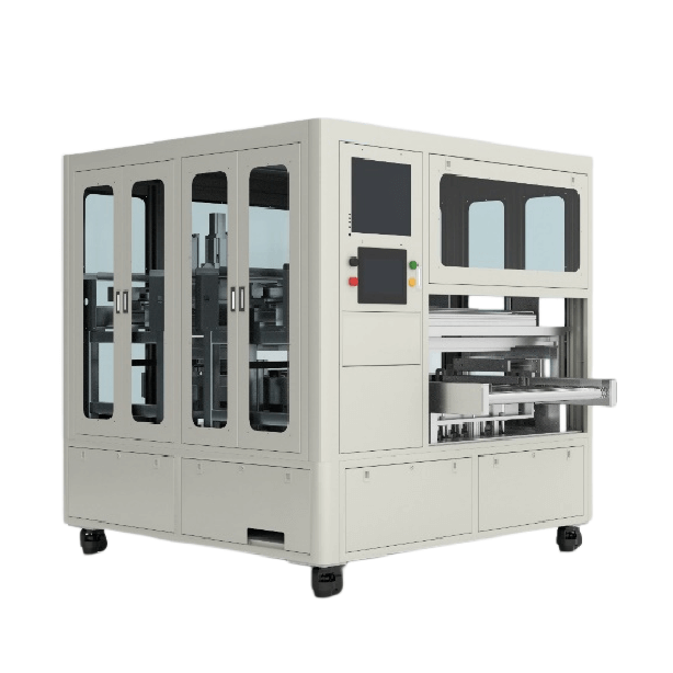 Máquina automática para retirar clavos de sellado e insertar clavos de pegamento para celdas prismáticas.